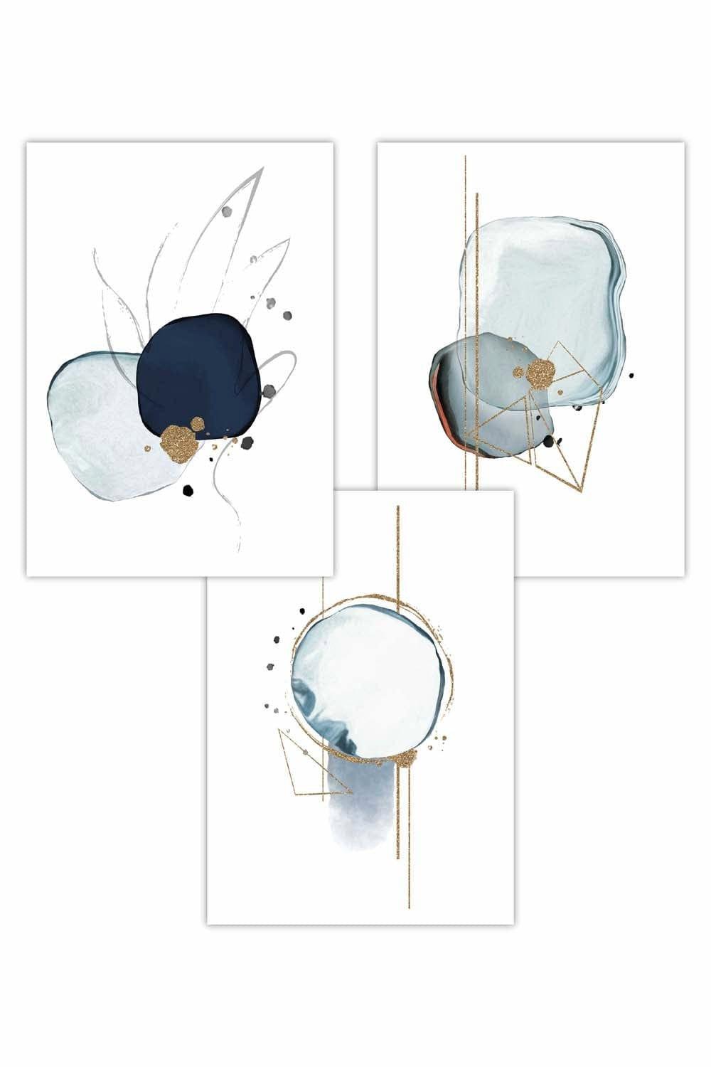 Set of 3 Abstract Blue Winter Moods Angel Art Posters